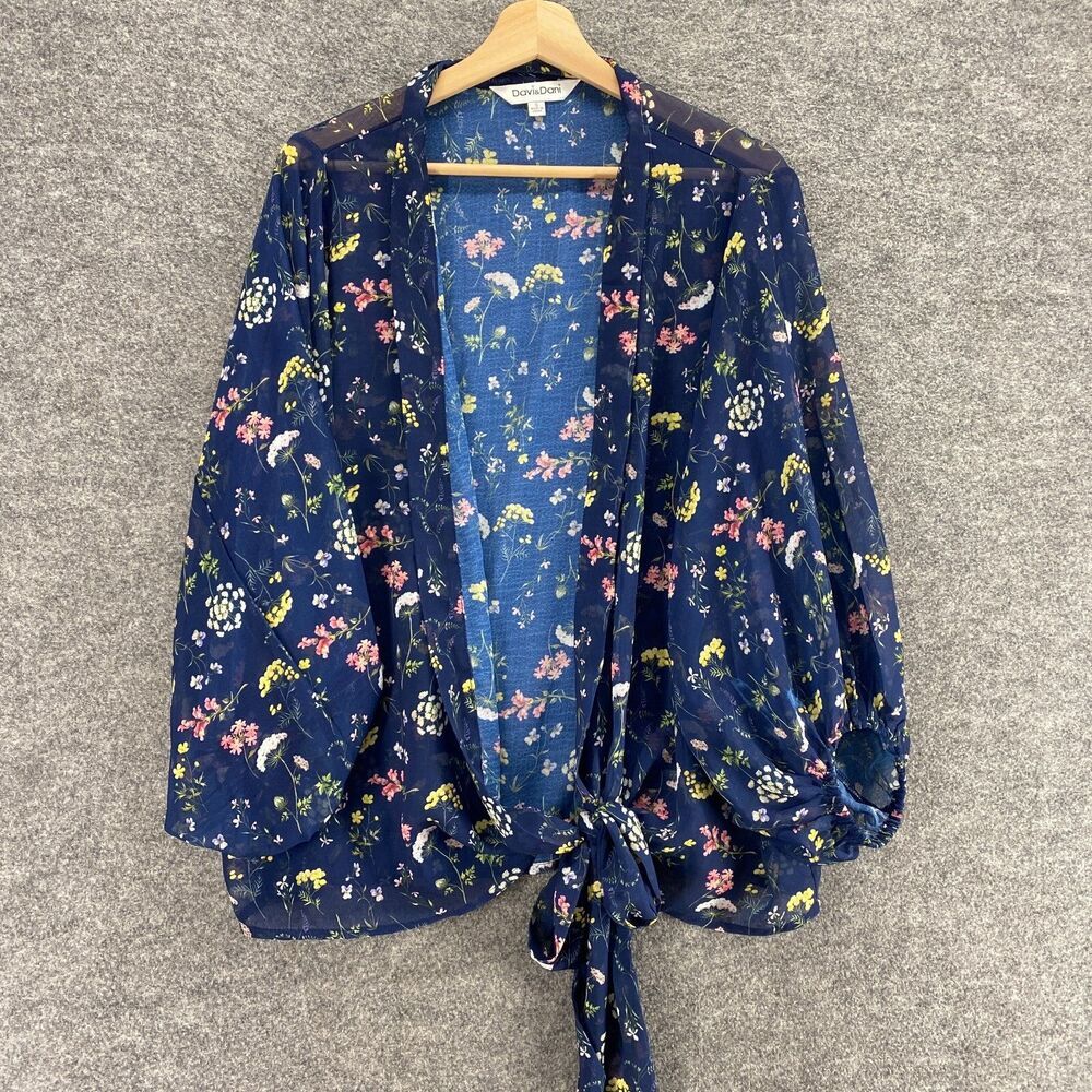 Davi & Dani Blouse Women S Small Blue Floral Tie Up Long Sleeve Open Front Sheer